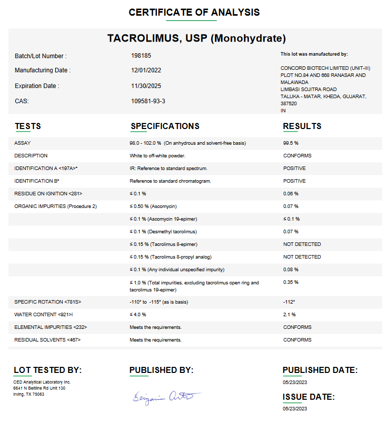 Tacrolimus USP (Monohydrate) For Compounding (API)