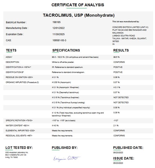 Tacrolimus USP (Monohydrate) For Compounding (API)