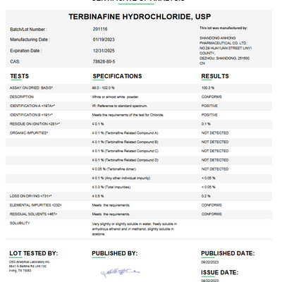 Terbinafine Hydrochloride USP For Compounding (API)