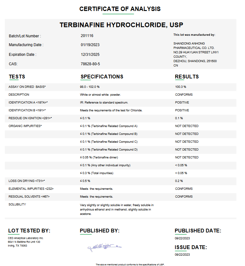 Terbinafine Hydrochloride USP For Compounding (API)