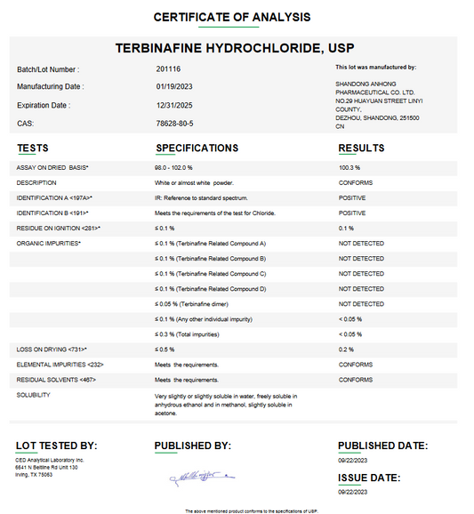 Terbinafine Hydrochloride USP For Compounding (API)