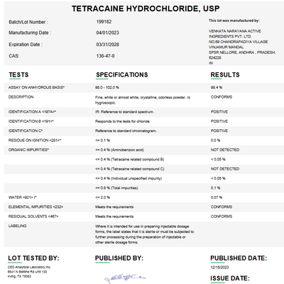 Tetracaine Hydrochloride USP (API) For Customer Compounding