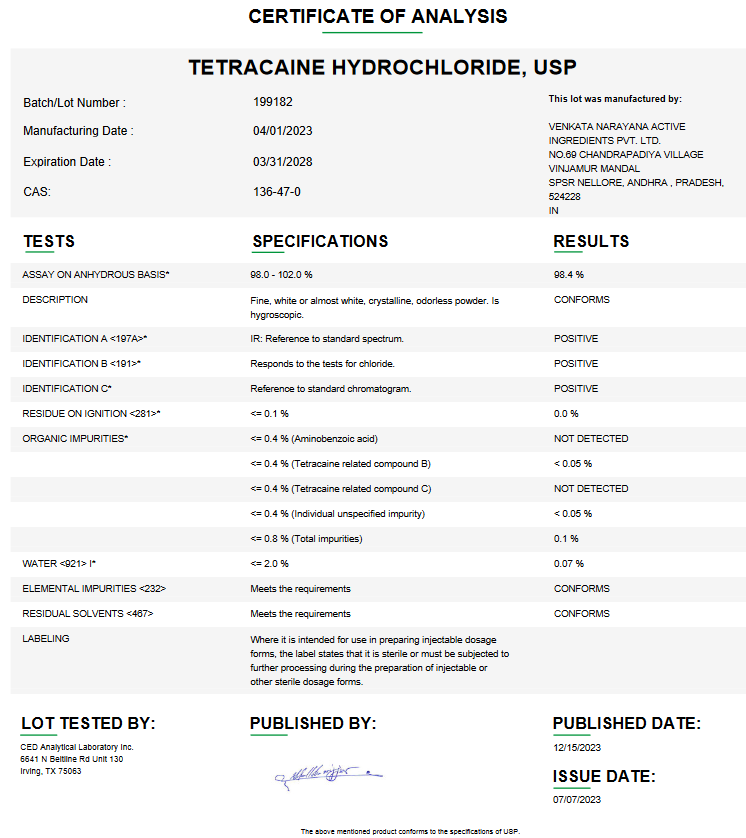 Tetracaine Hydrochloride USP (API) For Customer Compounding