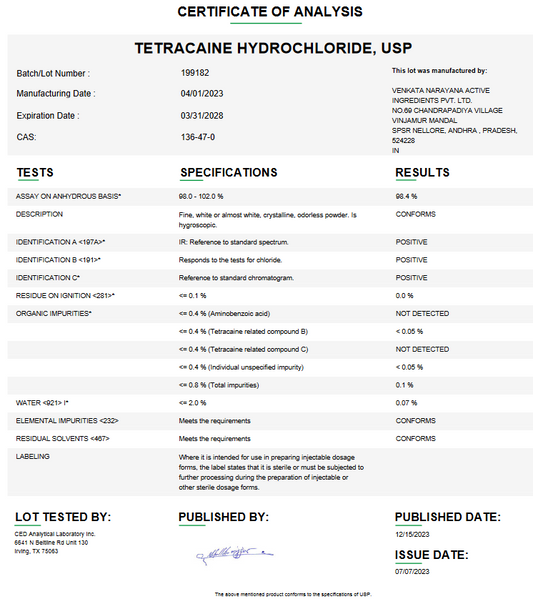 Tetracaine Hydrochloride USP (API) For Customer Compounding