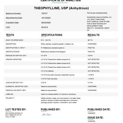 Theophylline USP (Anhydrous) For Compounding (API)