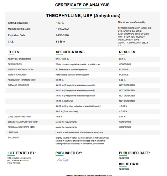 Theophylline USP (Anhydrous) For Compounding (API)