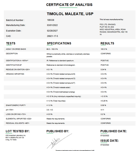 Timolol Maleate USP For Compounding (API)