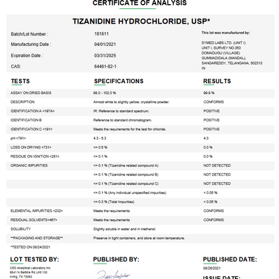 Tizanidine Hydrochloride USP For Compounding (API)