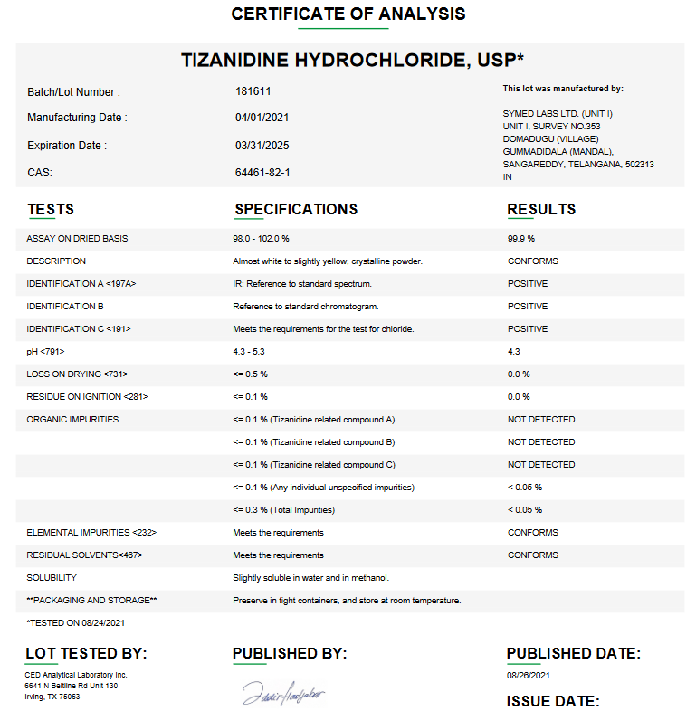 Tizanidine Hydrochloride USP For Compounding (API)