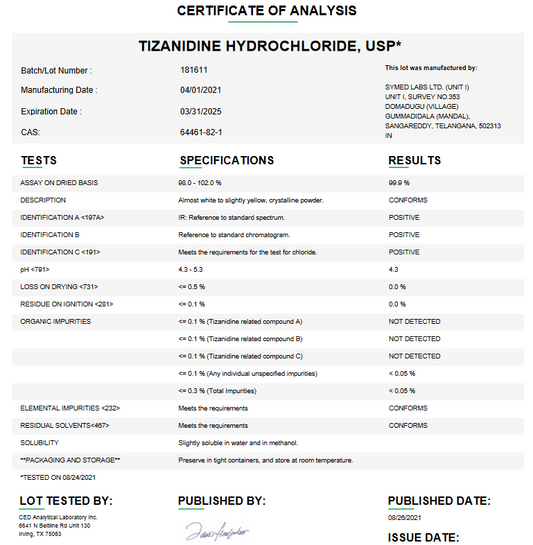 Tizanidine Hydrochloride USP For Compounding (API)