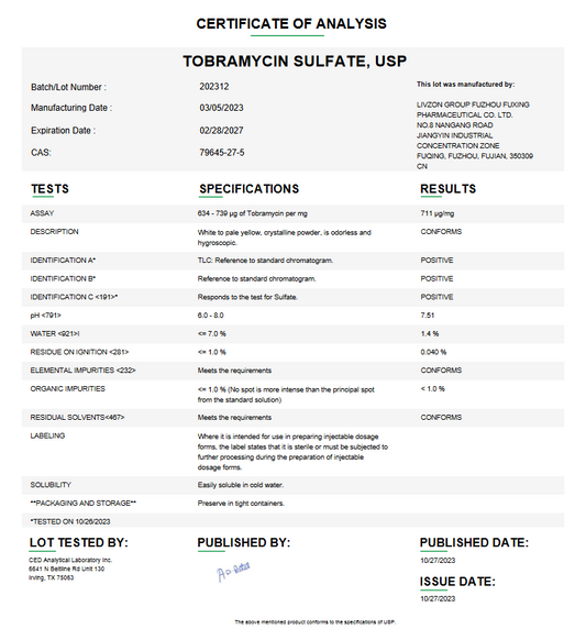 Tobramycin Sulfate USP For Compounding (API)