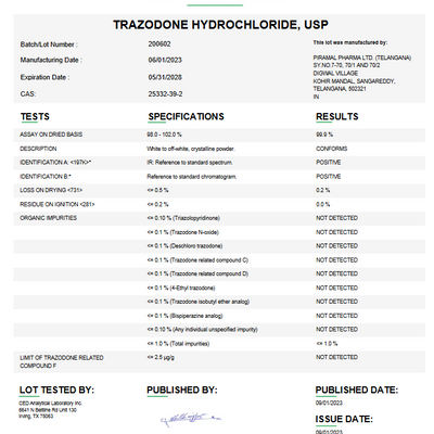 Trazodone Hydrochloride API Powder USP For Custom Compounding