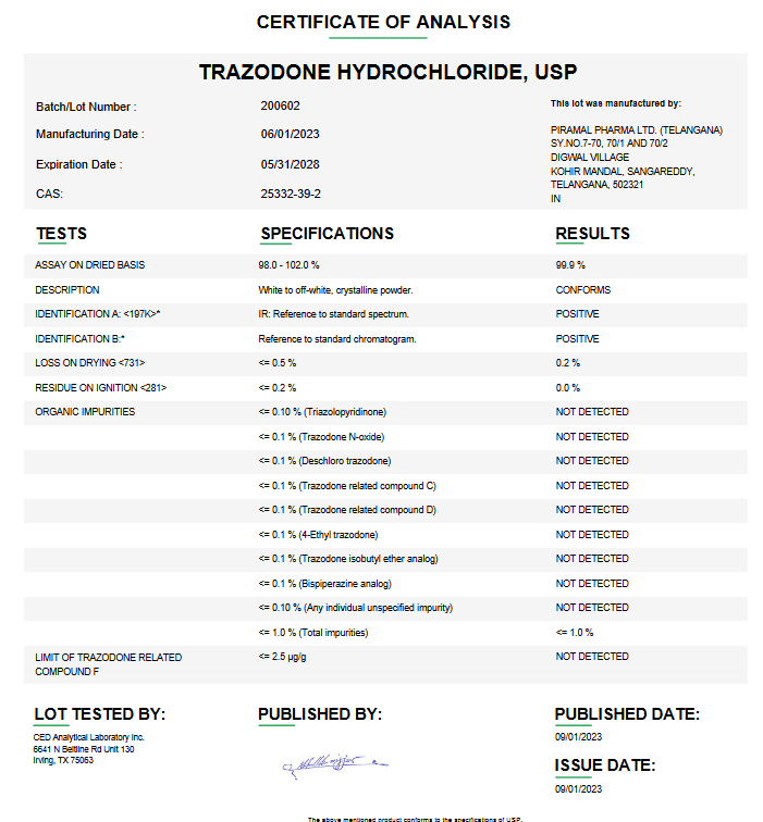 Trazodone Hydrochloride API Powder USP For Custom Compounding