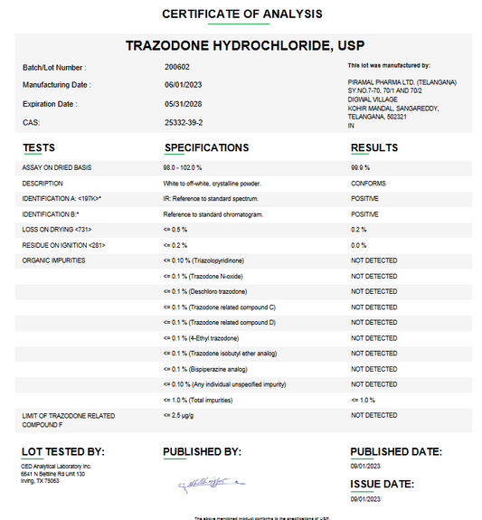 Trazodone Hydrochloride API Powder USP For Custom Compounding