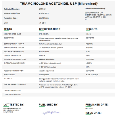 Triamcinolone Acetonide (Micronized) API Powder USP For Custom Compounding