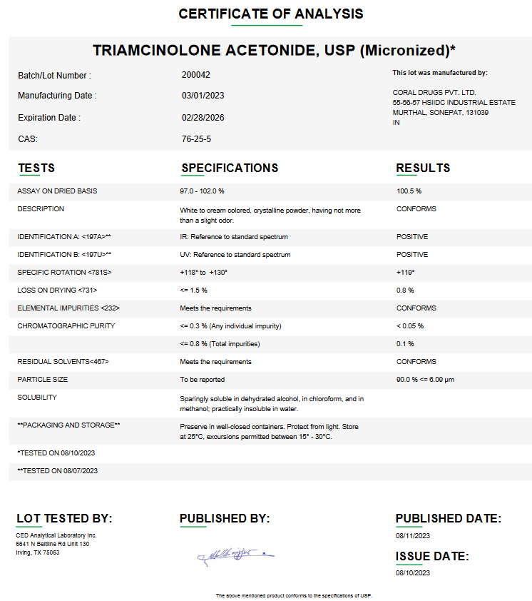 Triamcinolone Acetonide (Micronized) API Powder USP For Custom Compounding