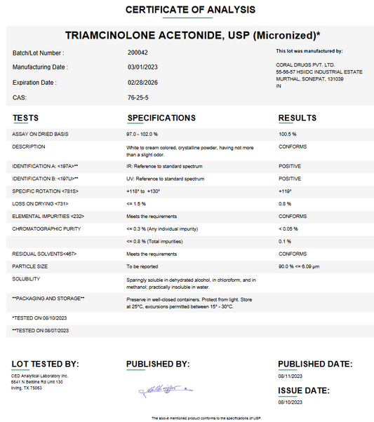 Triamcinolone Acetonide (Micronized) API Powder USP For Custom Compounding