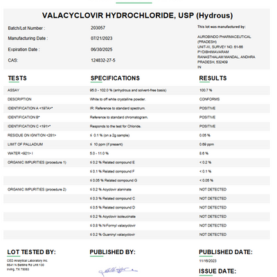 Valacyclovir Hydrochloride USP For Compounding (API)