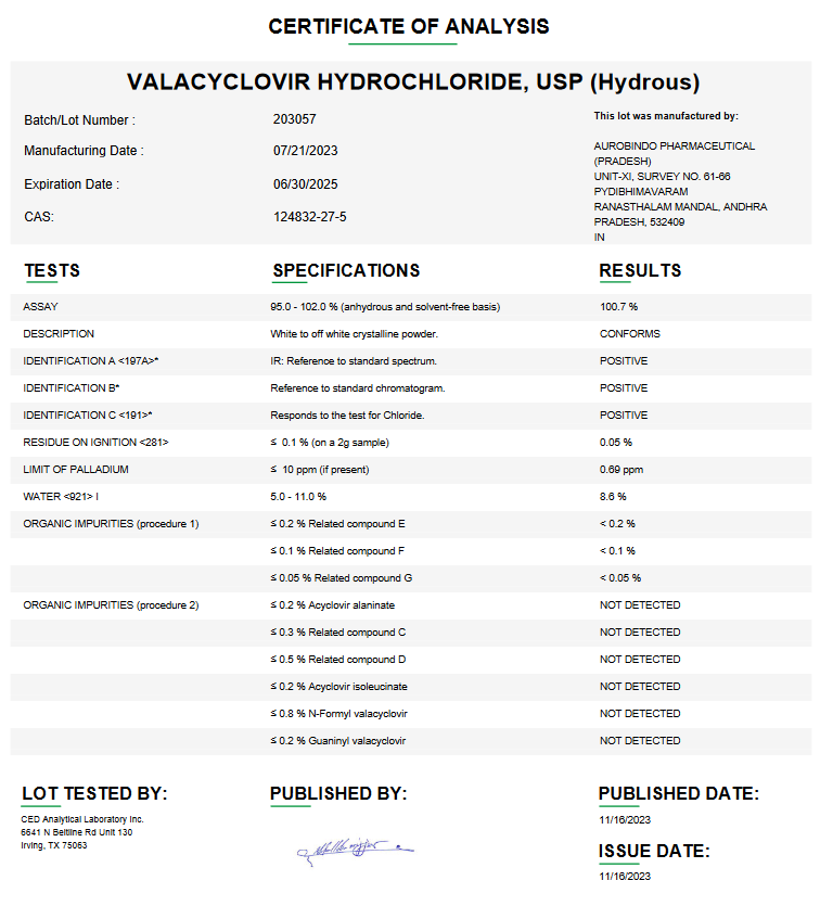 Valacyclovir Hydrochloride USP For Compounding (API)