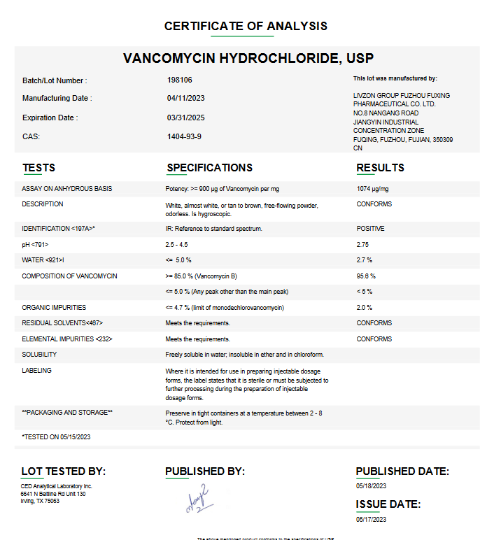 Vancomycin Hydrochloride USP For Compounding (API)