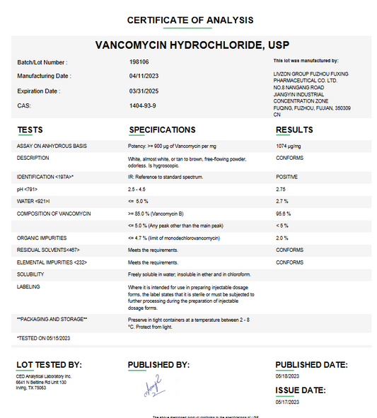 Vancomycin Hydrochloride USP For Compounding (API)