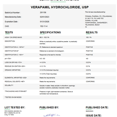 Verapamil Hydrochloride USP For Compounding (API)