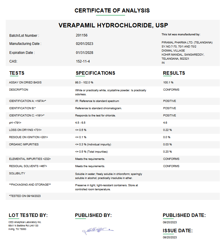 Verapamil Hydrochloride USP For Compounding (API)
