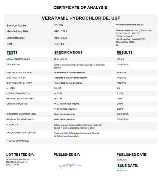 Verapamil Hydrochloride USP For Compounding (API)