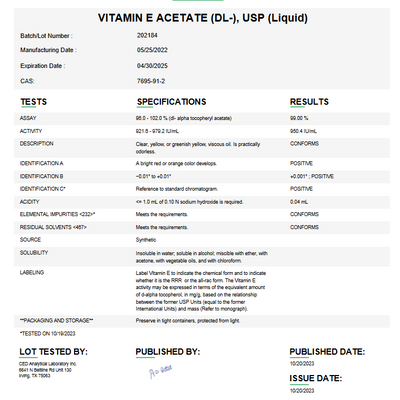 Vitamin E Acetate (DL) USP Liquid For Compounding (API)  (Rx)