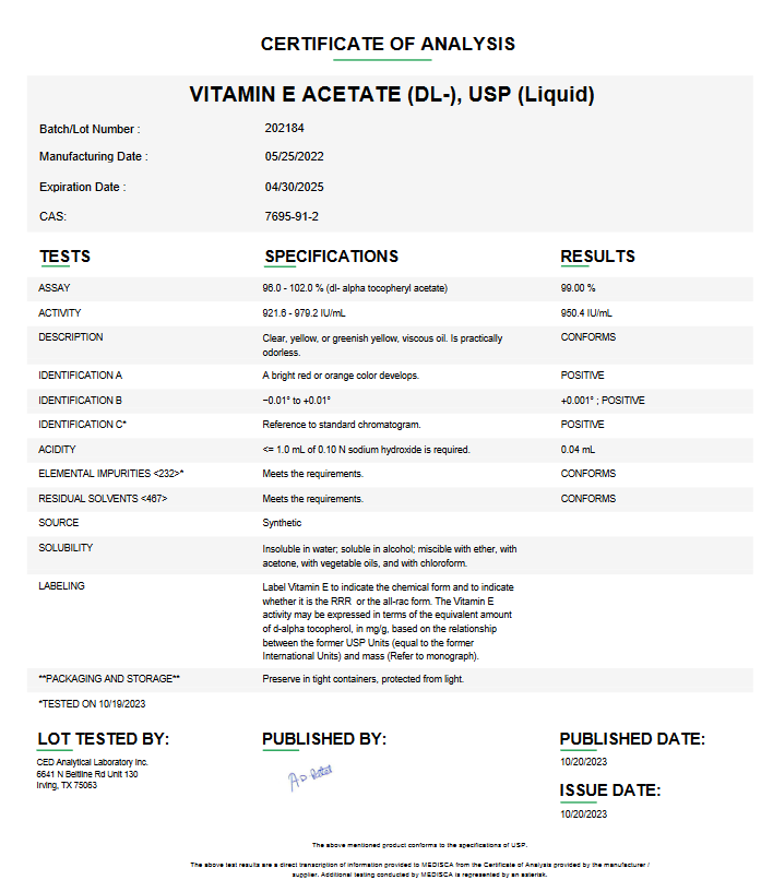 Vitamin E Acetate (DL) USP Liquid For Compounding (API)  (Rx)