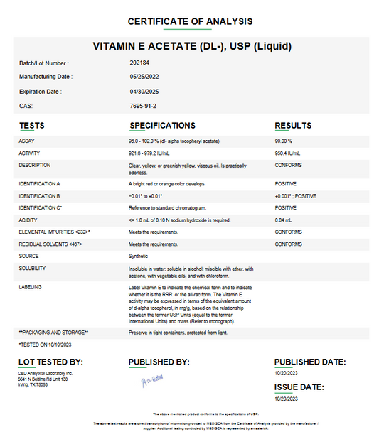 Vitamin E Acetate (DL) USP Liquid For Compounding (API)  (Rx)