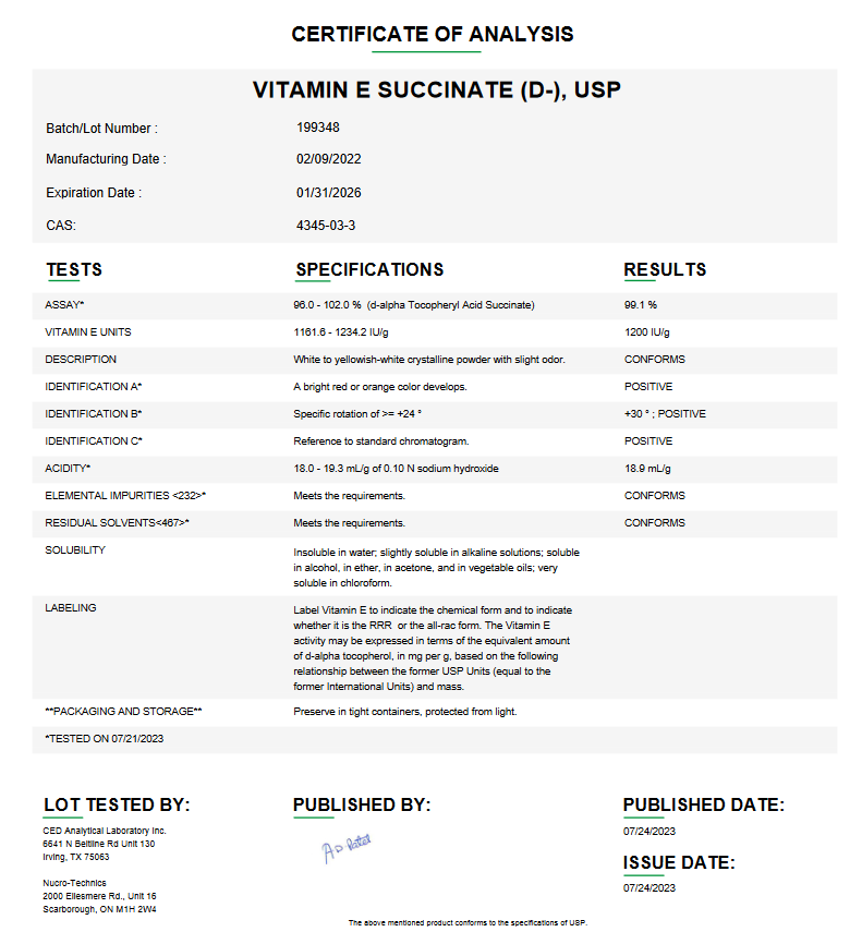 Vitamin E Succinate (D) USP Powder For Compounding (API)