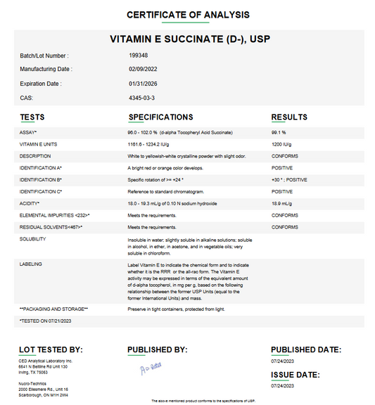 Vitamin E Succinate (D) USP Powder For Compounding (API)
