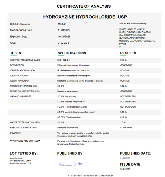 Hydroxyzine Hydrochloride USP For Compounding (API)