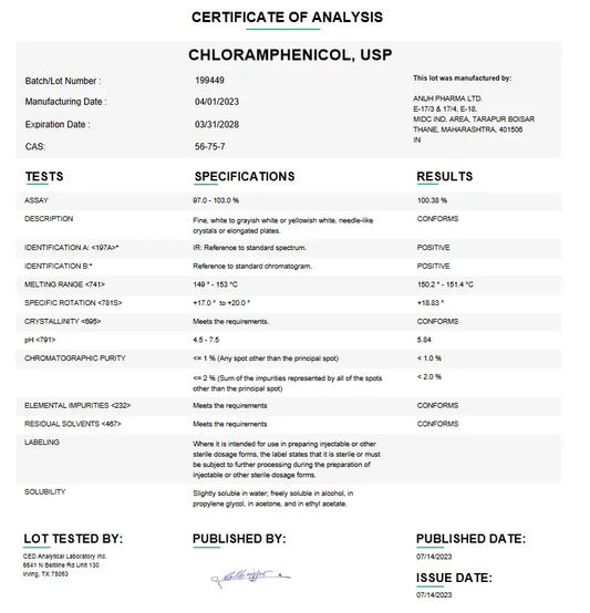 Chloramphenicol USP For Compounding (API)