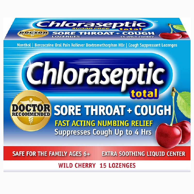 Chloraseptic Total Sore Throat + Cough Lozenges, Sugar-Free Wild Cherry Flavor, 15 Count