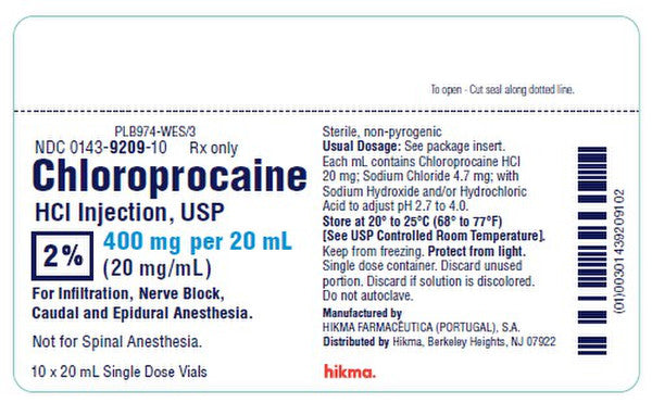Chloroprocaine HCL 2% Injection 20 mL Single-Dose Vials 10-Pack (RX)