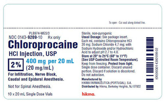 Chloroprocaine HCL 2% Injection 20 mL Single-Dose Vials 10-Pack (RX)