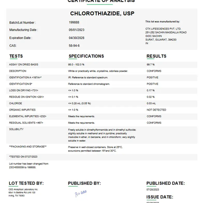 Chlorothiazide USP For Compounding (API)  (Rx)