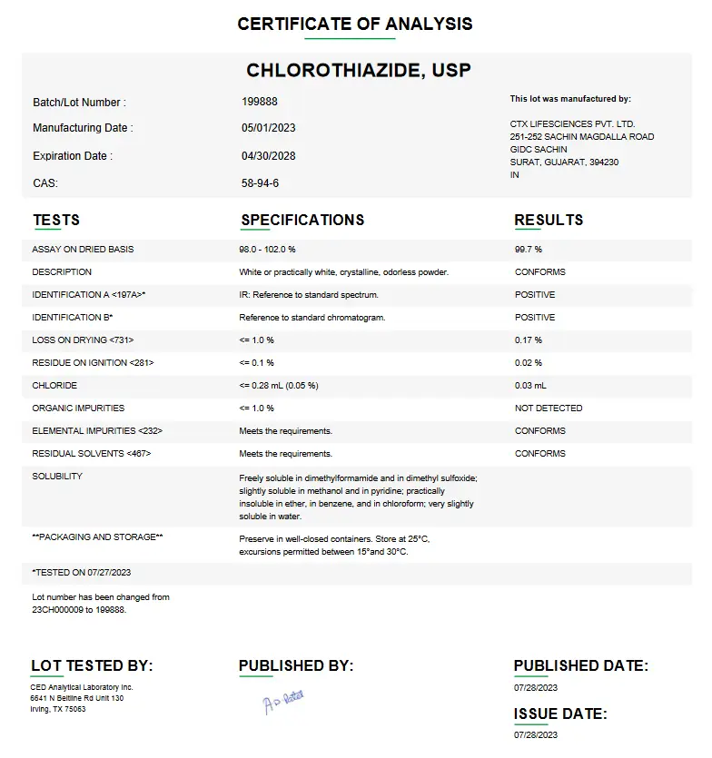 Chlorothiazide USP For Compounding (API)  (Rx)