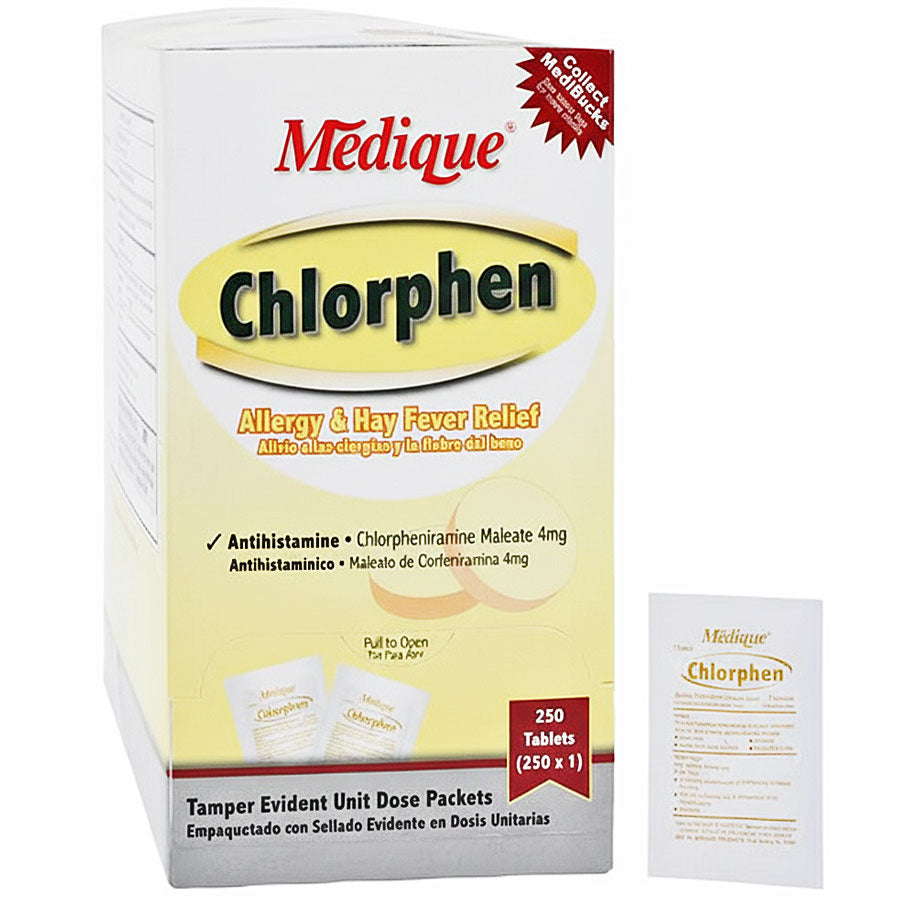 Chlorphen Allergy, Sinus and Hay Fever Relief Medicine Chlorpheniramine Maleate 4mg Unit Dose Tablets 250 Packets