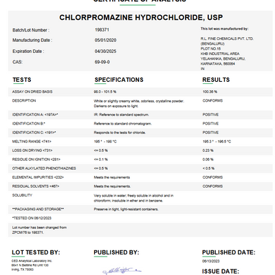 Chlorpromazine Hydrochloride USP For Compounding (API)
