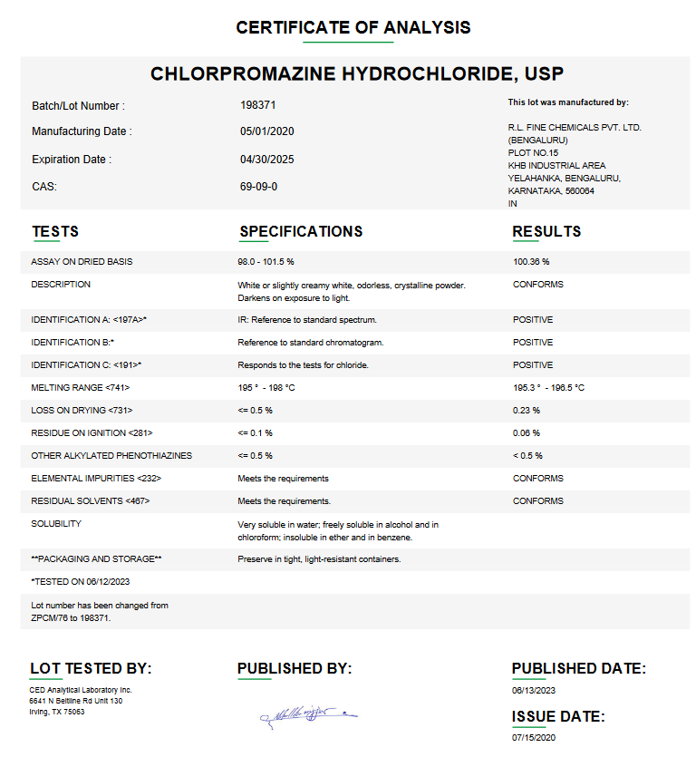 Chlorpromazine Hydrochloride USP For Compounding (API)
