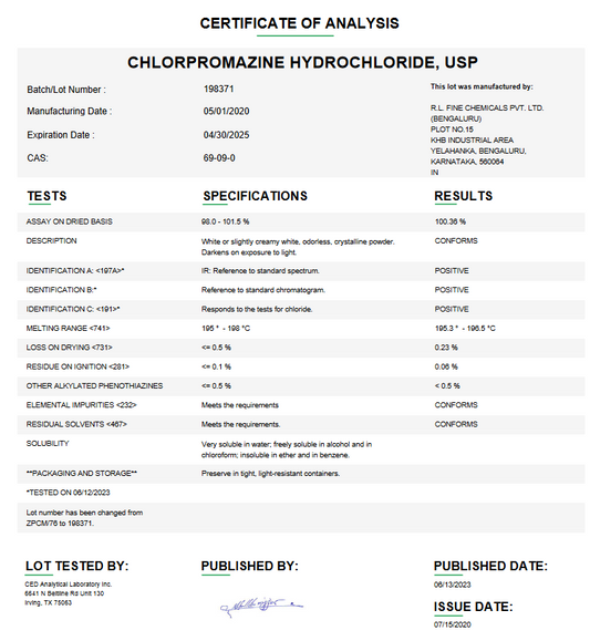 Chlorpromazine Hydrochloride USP For Compounding (API)