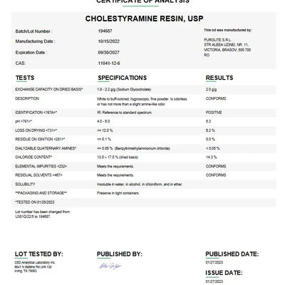 Cholestyramine Resin USP For Compounding (API)