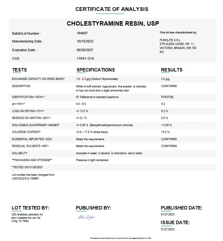 Cholestyramine Resin USP For Compounding (API)