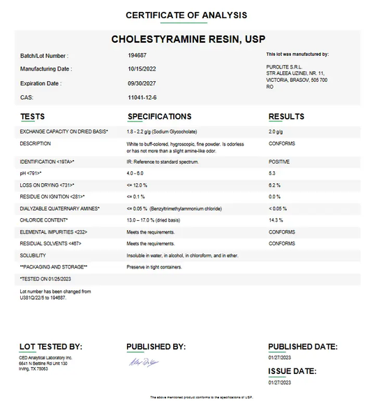Cholestyramine Resin USP For Compounding (API)