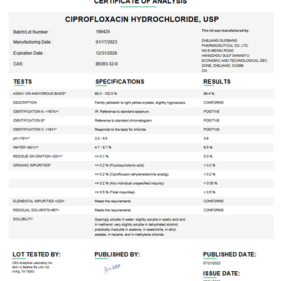 Ciprofloxacin Hydrochloride USP For Compounding (API)