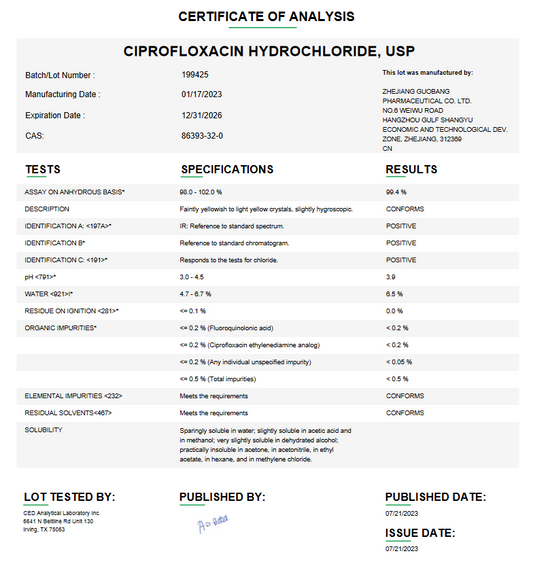Ciprofloxacin Hydrochloride USP For Compounding (API)