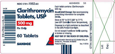 Clarithromycin 500 mg Tablets by Sandoz 60 Count (RX)